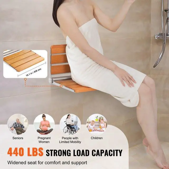 Alt view image 3 of 14 - VEVOR Folding Oak Shower Seat, 16.1" x 13.4" Unfolded, Wall Mounted Fold Up Shower Bench with 440 lbs Load Capacity, Space Saving Home Care Fold Down Shower Chair, for Seniors Pregnant Women Children