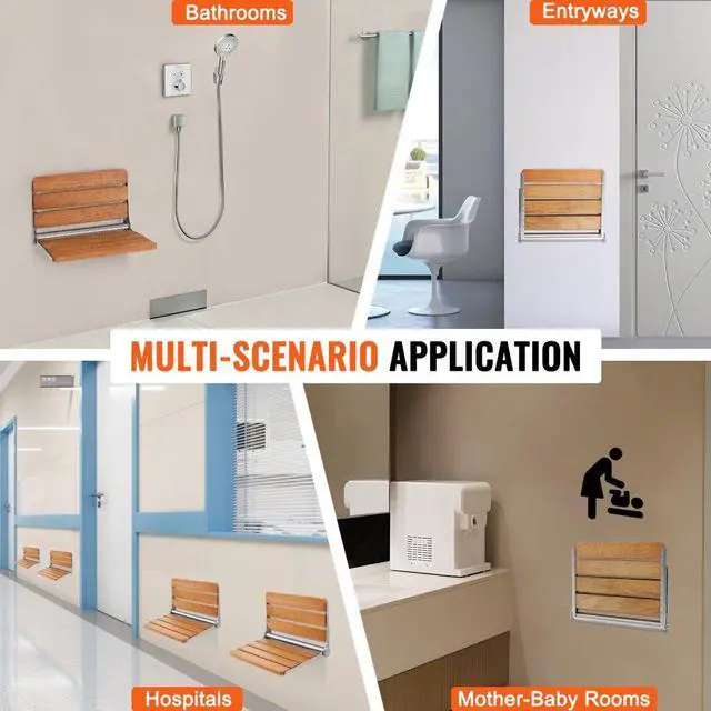 Alt view image 6 of 14 - VEVOR Folding Oak Shower Seat, 16.1" x 13.4" Unfolded, Wall Mounted Fold Up Shower Bench with 440 lbs Load Capacity, Space Saving Home Care Fold Down Shower Chair, for Seniors Pregnant Women Children