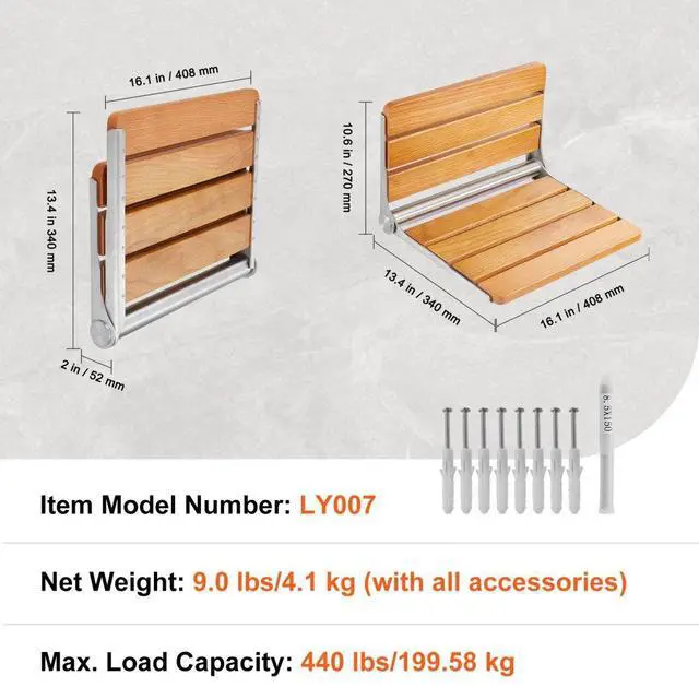Alt view image 7 of 14 - VEVOR Folding Oak Shower Seat, 16.1" x 13.4" Unfolded, Wall Mounted Fold Up Shower Bench with 440 lbs Load Capacity, Space Saving Home Care Fold Down Shower Chair, for Seniors Pregnant Women Children