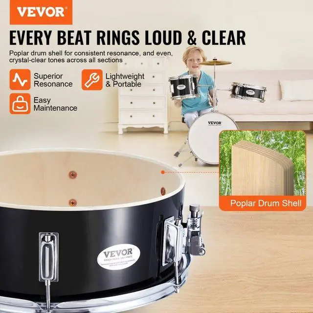 Alt view image 2 of 14 - VEVOR Kids Drum Set, 3-Piece, 14 in Beginner Drum Set with Adjustable Throne Cymbal Pedal Two Pairs of Drumsticks, 8'' Tom Drum 10'' Snare Drum 14'' Bass Drum, Starter Drum Kit for Child Kids, Black