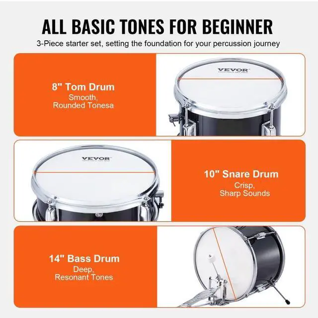 Alt view image 3 of 14 - VEVOR Kids Drum Set, 3-Piece, 14 in Beginner Drum Set with Adjustable Throne Cymbal Pedal Two Pairs of Drumsticks, 8'' Tom Drum 10'' Snare Drum 14'' Bass Drum, Starter Drum Kit for Child Kids, Black