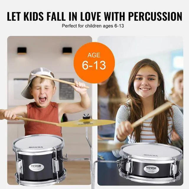 Alt view image 4 of 14 - VEVOR Kids Drum Set, 3-Piece, 14 in Beginner Drum Set with Adjustable Throne Cymbal Pedal Two Pairs of Drumsticks, 8'' Tom Drum 10'' Snare Drum 14'' Bass Drum, Starter Drum Kit for Child Kids, Black
