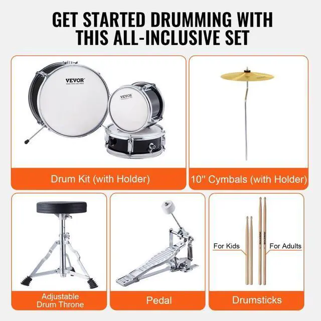 Alt view image 6 of 14 - VEVOR Kids Drum Set, 3-Piece, 14 in Beginner Drum Set with Adjustable Throne Cymbal Pedal Two Pairs of Drumsticks, 8'' Tom Drum 10'' Snare Drum 14'' Bass Drum, Starter Drum Kit for Child Kids, Black