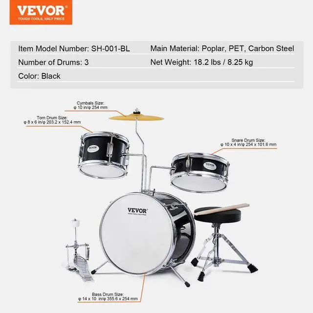 Alt view image 7 of 14 - VEVOR Kids Drum Set, 3-Piece, 14 in Beginner Drum Set with Adjustable Throne Cymbal Pedal Two Pairs of Drumsticks, 8'' Tom Drum 10'' Snare Drum 14'' Bass Drum, Starter Drum Kit for Child Kids, Black