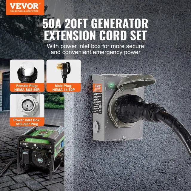 Alt view image 2 of 7 - VEVOR 50 Amp Generator Cord and Power Inlet Box Kit, 20FT, NEMA 14-50P/SS2-50R STW 6/3+8/1 AWG Generator Power Cord with Twist Lock Connector, Pre-Drilled Inlet Box for Generator to House, ETL Listed