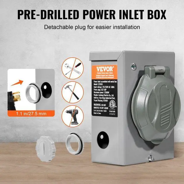 Alt view image 3 of 7 - VEVOR 50 Amp Generator Cord and Power Inlet Box Kit, 20FT, NEMA 14-50P/SS2-50R STW 6/3+8/1 AWG Generator Power Cord with Twist Lock Connector, Pre-Drilled Inlet Box for Generator to House, ETL Listed