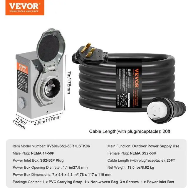 Alt view image 7 of 7 - VEVOR 50 Amp Generator Cord and Power Inlet Box Kit, 20FT, NEMA 14-50P/SS2-50R STW 6/3+8/1 AWG Generator Power Cord with Twist Lock Connector, Pre-Drilled Inlet Box for Generator to House, ETL Listed