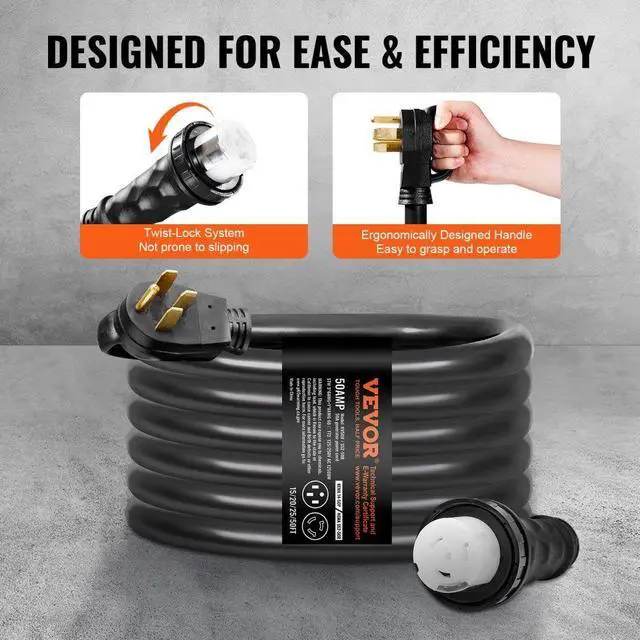 Alt view image 6 of 7 - VEVOR 50 Amp Generator Cord and Power Inlet Box Kit, 20FT, NEMA 14-50P/SS2-50R STW 6/3+8/1 AWG Generator Power Cord with Twist Lock Connector, Pre-Drilled Inlet Box for Generator to House, ETL Listed
