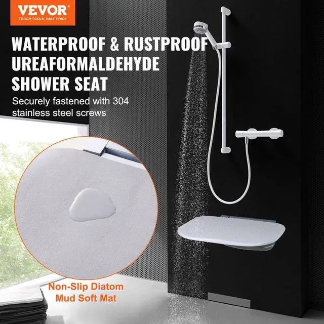 Alt view image 2 of 7 - VEVOR Urea-formaldehyde Folding Shower Seat, 13.6'' x 12.8'' Unfolded, Wall Mounted Fold Up Shower Bench with 450 lbs Load Capacity, Space Saving Fold Down Shower Chair for Seniors Children Adults