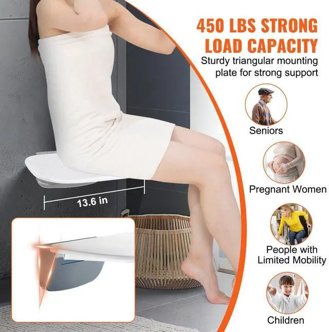Alt view image 3 of 7 - VEVOR Urea-formaldehyde Folding Shower Seat, 13.6'' x 12.8'' Unfolded, Wall Mounted Fold Up Shower Bench with 450 lbs Load Capacity, Space Saving Fold Down Shower Chair for Seniors Children Adults