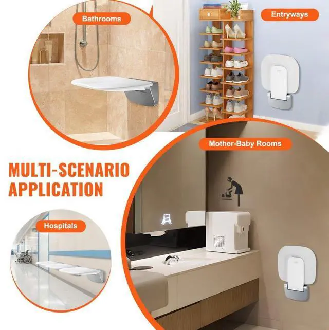 Alt view image 6 of 7 - VEVOR Urea-formaldehyde Folding Shower Seat, 13.6'' x 12.8'' Unfolded, Wall Mounted Fold Up Shower Bench with 450 lbs Load Capacity, Space Saving Fold Down Shower Chair for Seniors Children Adults