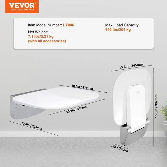 Alt view image 7 of 7 - VEVOR Urea-formaldehyde Folding Shower Seat, 13.6'' x 12.8'' Unfolded, Wall Mounted Fold Up Shower Bench with 450 lbs Load Capacity, Space Saving Fold Down Shower Chair for Seniors Children Adults
