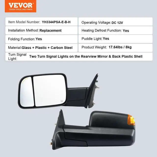 Alt view image 7 of 7 - VEVOR  Towing Mirrors Fit for 2009-2018 Dodge Ram 1500, 2010-2018 Ram 2500 3500, Ram Classic 2019-2023 Power Heated with Signal Light & Puddle Light, Manual Controlling Flipping Folding, Black