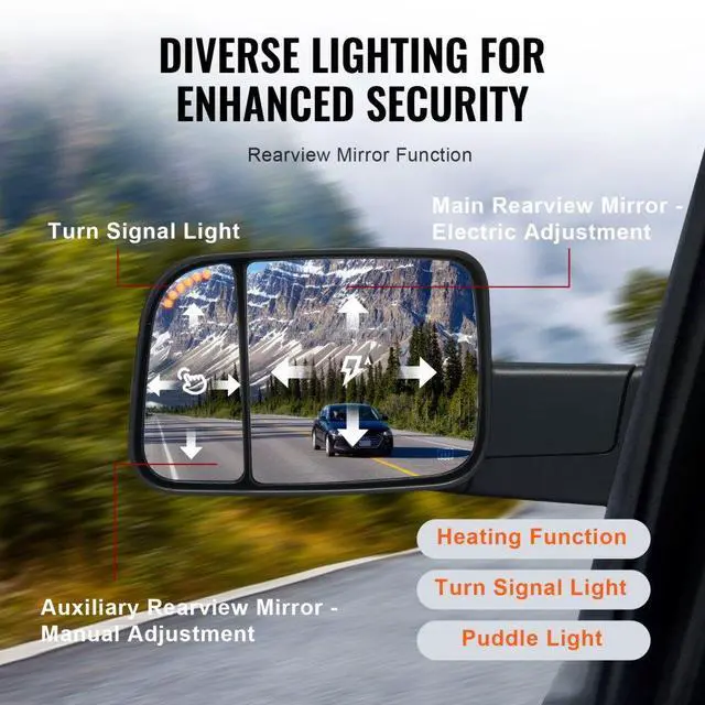 Alt view image 4 of 7 - VEVOR  Towing Mirrors, Left & Right Pair Set for 2002-2008 Dodge Ram 1500 2500 3500 (Partial 2009 Models), Power Heated with Signal Light & Puddle Light, Manual Controlling Flipping Folding, Black