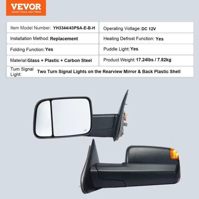 Alt view image 7 of 7 - VEVOR  Towing Mirrors, Left & Right Pair Set for 2002-2008 Dodge Ram 1500 2500 3500 (Partial 2009 Models), Power Heated with Signal Light & Puddle Light, Manual Controlling Flipping Folding, Black