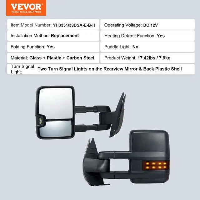 Alt view image 7 of 7 - VEVOR Towing Mirrors Fit for Chevy for GMC 2007-2014 for Silverado/for Sierra Power Control Heated with Signal Light & LED Driving Light, Manual Telescoping Folding, Black