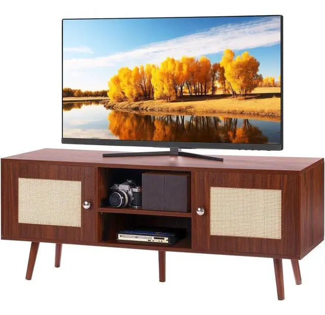 Main image of VEVOR Rattan TV Stand, Boho TV Cabinet for 55 inch TV, Mid Century Modern TV Stand, Rattan TV Console with Adjustable Shelfs for  Living Room, Media Room, Walnut