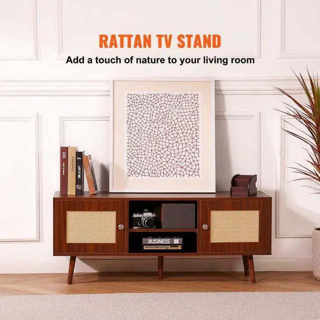 Alt view image 2 of 7 - VEVOR Rattan TV Stand, Boho TV Cabinet for 55 inch TV, Mid Century Modern TV Stand, Rattan TV Console with Adjustable Shelfs for  Living Room, Media Room, Walnut