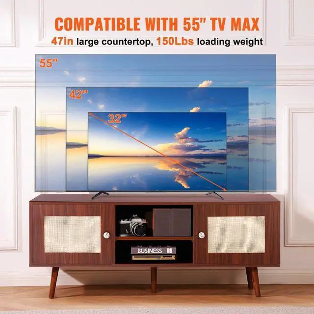 Alt view image 3 of 7 - VEVOR Rattan TV Stand, Boho TV Cabinet for 55 inch TV, Mid Century Modern TV Stand, Rattan TV Console with Adjustable Shelfs for  Living Room, Media Room, Walnut