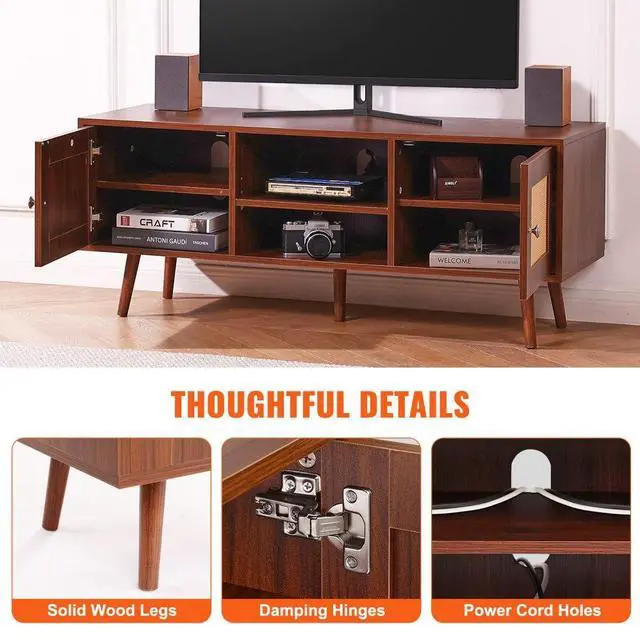 Alt view image 5 of 7 - VEVOR Rattan TV Stand, Boho TV Cabinet for 55 inch TV, Mid Century Modern TV Stand, Rattan TV Console with Adjustable Shelfs for  Living Room, Media Room, Walnut