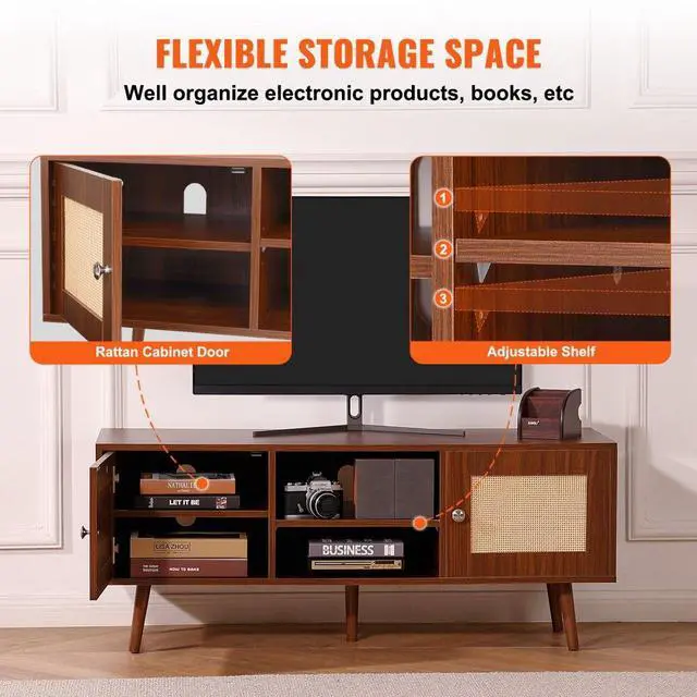 Alt view image 4 of 7 - VEVOR Rattan TV Stand, Boho TV Cabinet for 55 inch TV, Mid Century Modern TV Stand, Rattan TV Console with Adjustable Shelfs for  Living Room, Media Room, Walnut