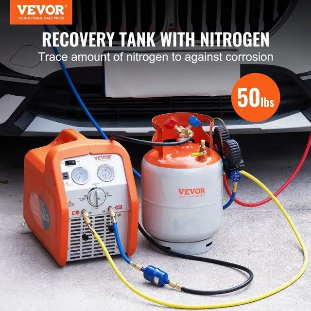 Alt view image 2 of 14 - VEVOR  Refrigerant Recovery Tank, 50 LBS Capacity, 400 psi Portable Cylinder Tank with Y-Valve for Liquid/Vapor, High-sealing Recovery Can for R22/R134A/R410A, Orange+Gray