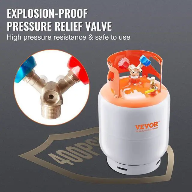 Alt view image 4 of 14 - VEVOR  Refrigerant Recovery Tank, 50 LBS Capacity, 400 psi Portable Cylinder Tank with Y-Valve for Liquid/Vapor, High-sealing Recovery Can for R22/R134A/R410A, Orange+Gray
