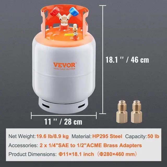 Alt view image 7 of 14 - VEVOR  Refrigerant Recovery Tank, 50 LBS Capacity, 400 psi Portable Cylinder Tank with Y-Valve for Liquid/Vapor, High-sealing Recovery Can for R22/R134A/R410A, Orange+Gray