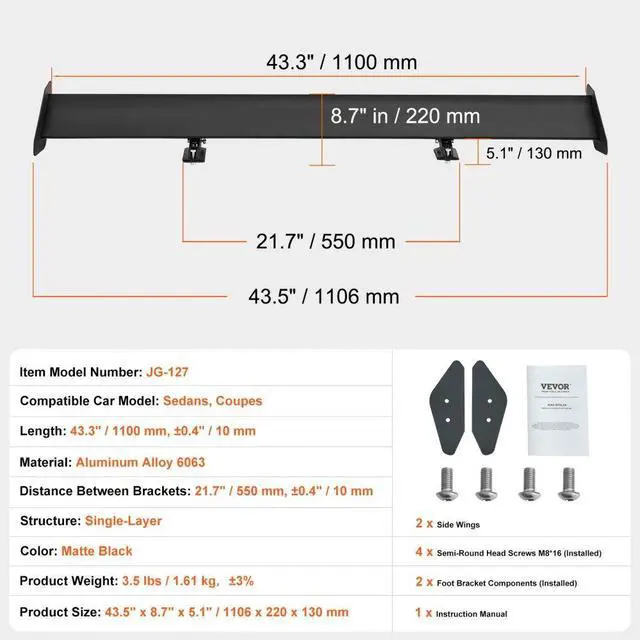 Alt view image 7 of 7 - VEVOR GT Wing Car Spoiler, 43.3 inch Universal Spoiler with Single Deck, Adjustable Lightweight Aluminum, Car Rear Spoiler Wing, Racing Spoiler BGW/JDM Drift Black