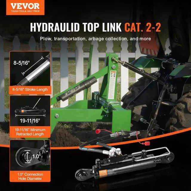 Alt view image 2 of 7 - VEVOR  Hydraulic Top Link Cat. 2-28-5/16 in, 19-11/16~28 in), Hydraulic Cylinder with 2 Hoses & G3/8" Check Valve