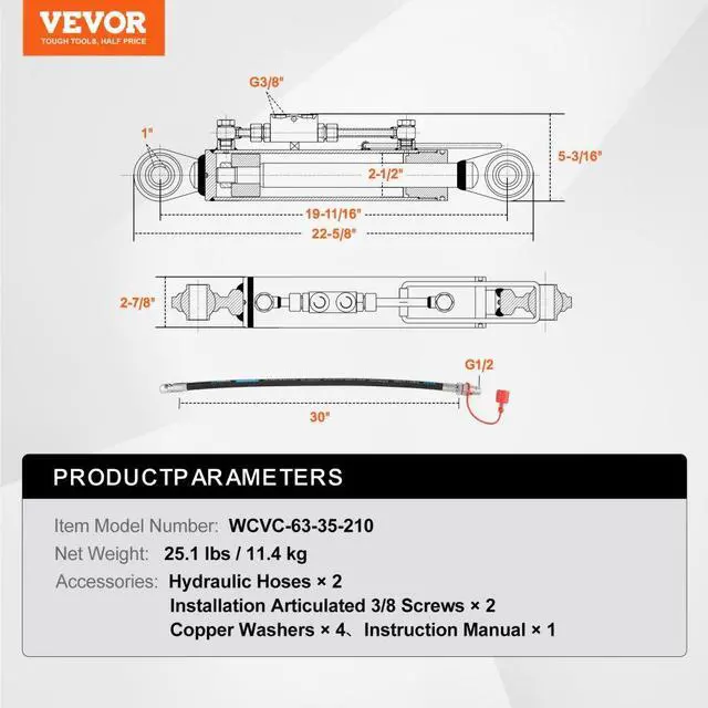 Alt view image 7 of 7 - VEVOR  Hydraulic Top Link Cat. 2-28-5/16 in, 19-11/16~28 in), Hydraulic Cylinder with 2 Hoses & G3/8" Check Valve