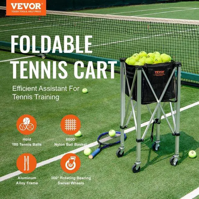 Alt view image 2 of 7 - VEVOR Foldable Tennis Ball Hopper, Holds 180 Tennis Balls, Lightweight Aluminum Alloy Tennis Ball Basket Cart with Wheels, Removable Bag, Carry Bag, Portable Sports Teaching Cart for Tennis Player