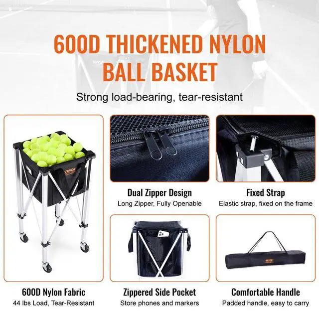 Alt view image 3 of 7 - VEVOR Foldable Tennis Ball Hopper, Holds 180 Tennis Balls, Lightweight Aluminum Alloy Tennis Ball Basket Cart with Wheels, Removable Bag, Carry Bag, Portable Sports Teaching Cart for Tennis Player