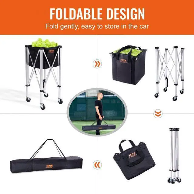 Alt view image 6 of 7 - VEVOR Foldable Tennis Ball Hopper, Holds 180 Tennis Balls, Lightweight Aluminum Alloy Tennis Ball Basket Cart with Wheels, Removable Bag, Carry Bag, Portable Sports Teaching Cart for Tennis Player