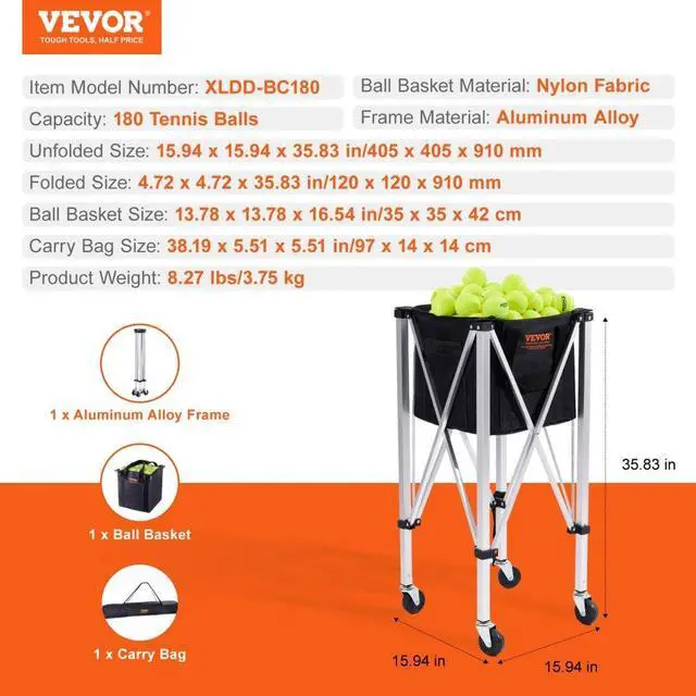 Alt view image 7 of 7 - VEVOR Foldable Tennis Ball Hopper, Holds 180 Tennis Balls, Lightweight Aluminum Alloy Tennis Ball Basket Cart with Wheels, Removable Bag, Carry Bag, Portable Sports Teaching Cart for Tennis Player