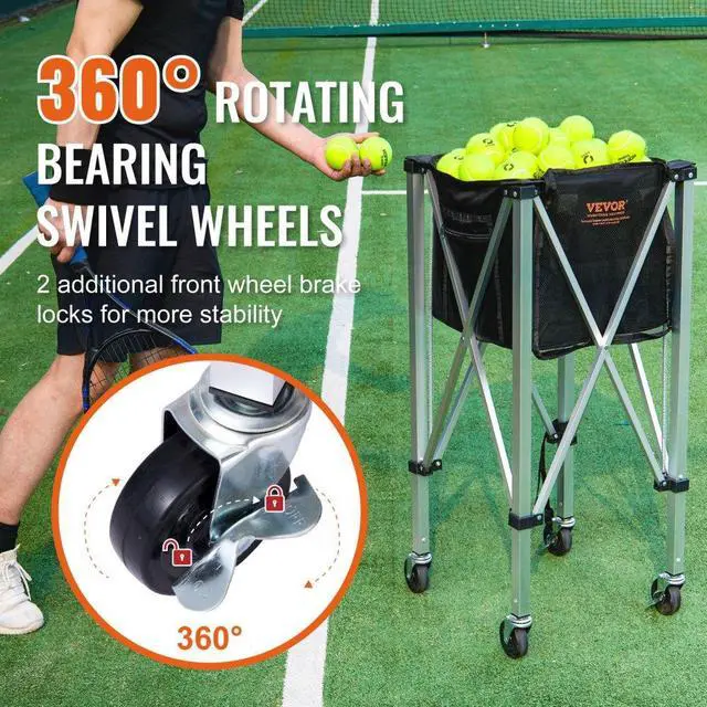 Alt view image 5 of 7 - VEVOR Foldable Tennis Ball Hopper, Holds 180 Tennis Balls, Lightweight Aluminum Alloy Tennis Ball Basket Cart with Wheels, Removable Bag, Carry Bag, Portable Sports Teaching Cart for Tennis Player