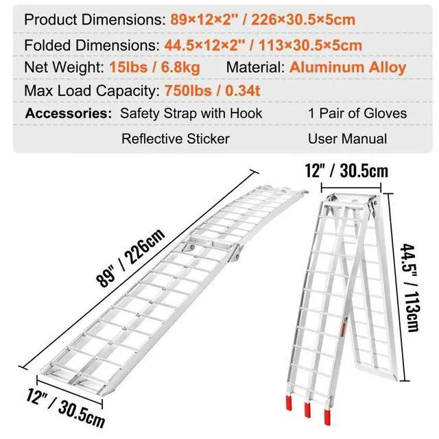 Alt view image 7 of 7 - VEVOR Motorcycle Ramps, 750lbs Folding Loading Ramps for Pickup Trucks Bed, Trailers Ramp with Load Straps for Motorcycle, Dirt Bike, UTV, Lawn Mower, Truck, Snowblower, Cargo Trailer, 89"L x 12"W,1Pc