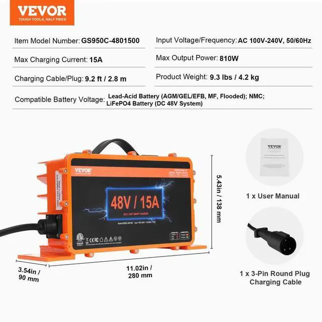 Alt view image 7 of 7 - VEVOR 48 Volt 15 AMP Golf Cart Smart Battery Charger for Club Car 3-Pin Round
