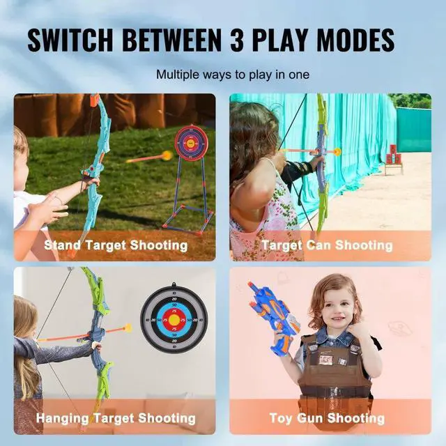 Alt view image 4 of 7 - VEVOR Bow and Arrow Set for Kids, 2 Pack LED Light Up Archery Set with 20 Suction Cup Arrows, Standing Target, 2 Quivers, 2 Guns, 20 Soft Bullets, 3 Target Cans, Outdoor Toy for Boy & Girl 6+ Year Old