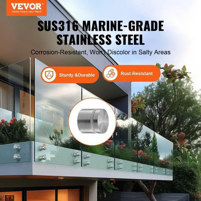 Alt view image 2 of 7 - VEVOR Glass Clamp, 10 PCS Round Glass Railing Bracket for 0.31 "-0.62 " Tempered Glass, 316 Stainless Steel Glass Mounting Clamp, Glass Shelf Bracket for Balcony, Garden, Pool, Stair, Silver
