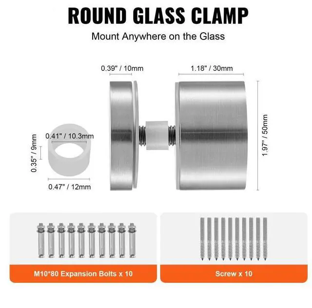 Alt view image 5 of 7 - VEVOR Glass Clamp, 10 PCS Round Glass Railing Bracket for 0.31 "-0.62 " Tempered Glass, 316 Stainless Steel Glass Mounting Clamp, Glass Shelf Bracket for Balcony, Garden, Pool, Stair, Silver