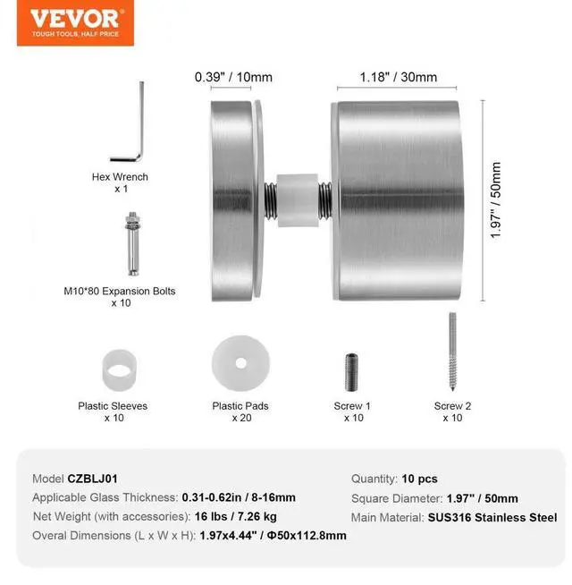 Alt view image 7 of 7 - VEVOR Glass Clamp, 10 PCS Round Glass Railing Bracket for 0.31 "-0.62 " Tempered Glass, 316 Stainless Steel Glass Mounting Clamp, Glass Shelf Bracket for Balcony, Garden, Pool, Stair, Silver