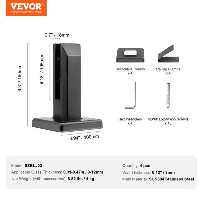 Alt view image 7 of 7 - VEVOR Glass Clamp, 4 PCS Square Glass Railing Bracket for 0.31 "-0.47 " Tempered Glass, 304 Stainless Steel Glass Mounting Clamp, 0.12 Thick Glass Shelf Bracket for Balcony, Garden, Deck, Stair