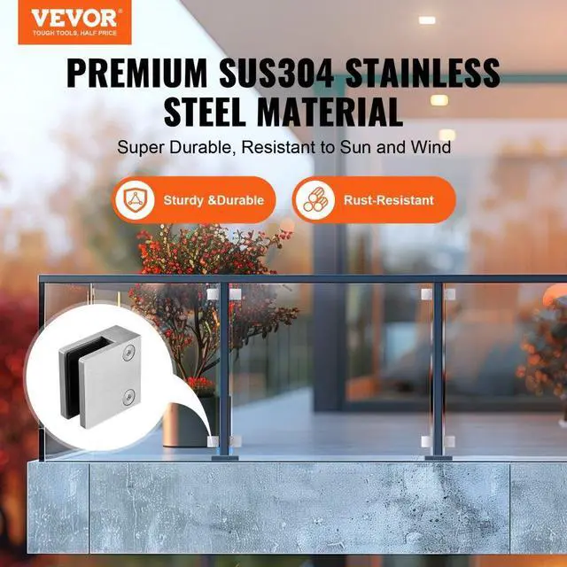 Alt view image 2 of 7 - VEVOR Glass Clamp, 4 PCS Square Glass Railing Bracket for 0.31 "-0.47 " Tempered Glass, 304 Stainless Steel Glass Mounting Clamp, Glass Shelf Bracket for Balcony, Garden, Pool, Stair, Silver