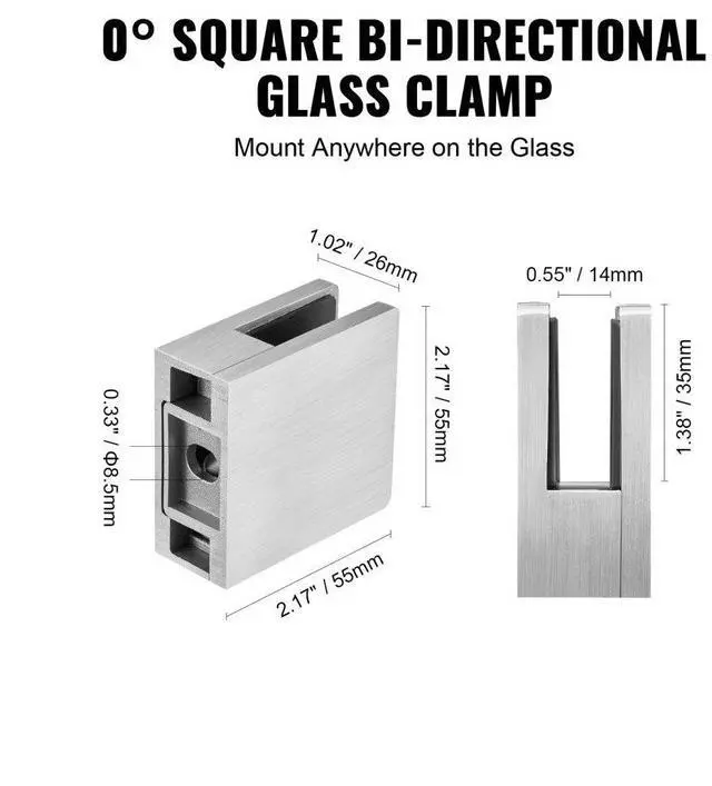Alt view image 5 of 7 - VEVOR Glass Clamp, 4 PCS Square Glass Railing Bracket for 0.31 "-0.47 " Tempered Glass, 304 Stainless Steel Glass Mounting Clamp, Glass Shelf Bracket for Balcony, Garden, Pool, Stair, Silver
