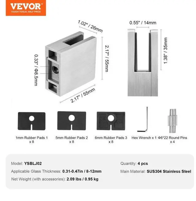 Alt view image 7 of 7 - VEVOR Glass Clamp, 4 PCS Square Glass Railing Bracket for 0.31 "-0.47 " Tempered Glass, 304 Stainless Steel Glass Mounting Clamp, Glass Shelf Bracket for Balcony, Garden, Pool, Stair, Silver