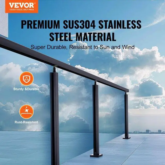 Alt view image 2 of 7 - VEVOR Glass Clamp, 35.83" Height Glass Railing Bracket for 0.39 "-0.47 " Thickness Tempered Glass, 304 Stainless Steel Glass Mounting Clamp, Glass Shelf Bracket for Balcony, Garden, Deck, Stair, Black