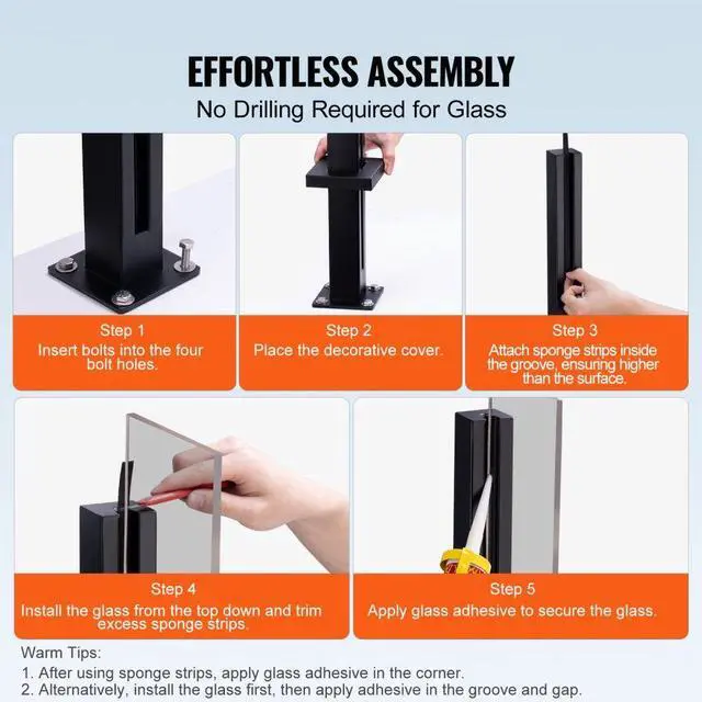 Alt view image 3 of 7 - VEVOR Glass Clamp, 41.34" Height Glass Railing Bracket for 0.39 "-0.47 " Thickness Tempered Glass, 304 Stainless Steel Glass Mounting Clamp, Glass Shelf Bracket for Balcony, Garden, Deck, Stair, Black
