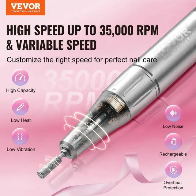 Alt view image 2 of 7 - VEVOR  Electric Rechargeable Nail Drill, 35,000RPM Portable Cordless Nail E File Machine, LCD-Display Acrylic Gel Grinder Tool with 6 Bits and 50PCS Sanding Bands for Manicure Pedicure Carve Polish