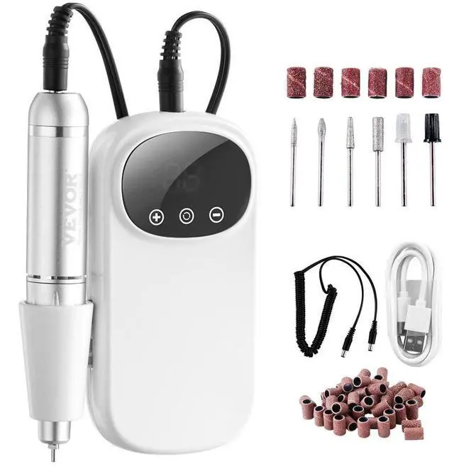 Main image of VEVOR  Electric Rechargeable Nail Drill, 35,000RPM Portable Cordless Nail E File Machine, LCD-Display Acrylic Gel Grinder Tool with 6 Bits and 50PCS Sanding Bands for Manicure Pedicure Carve Polish